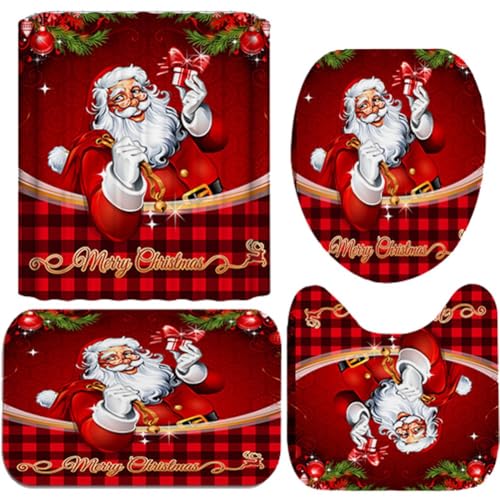 Rideau de douche de Noël avec tapis de bain et couvre-siège