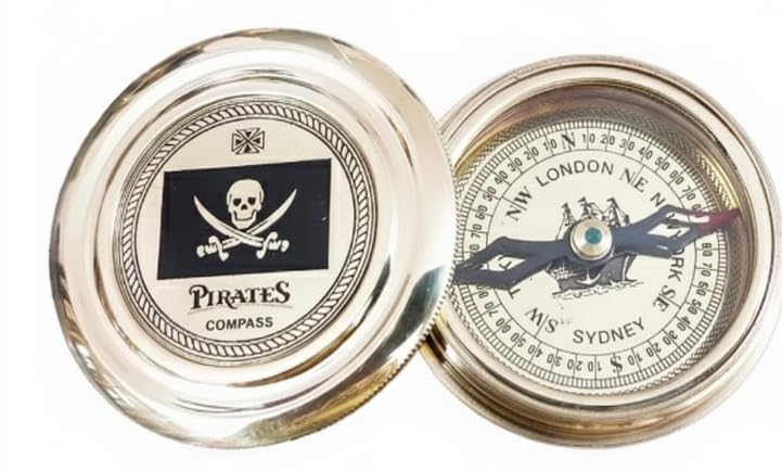 Brújula de Bolsillo Pirata con Calavera y Huesos Cruzados, Bronce Vintage Náutico para Disfraces, Coleccionistas, Uso al Aire Libre y Regalos miniatura 1