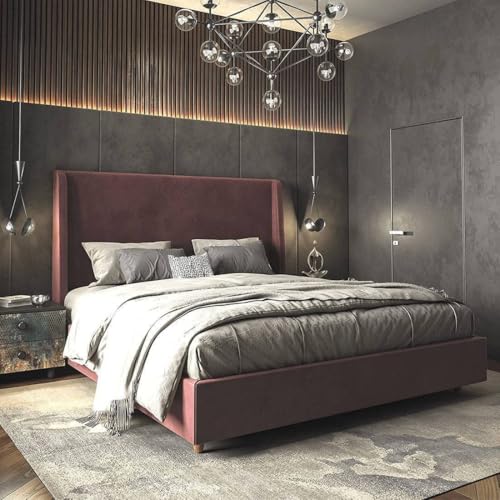 Image of Wooden Modern Upholstered King Size Bed for Bedroom | Wooden Double Bed Without Storage | Platform Cot Upholstered Bed with Upholstery Fabric | Engineered Wood | 6.5 x 6 Ft | Pink-A