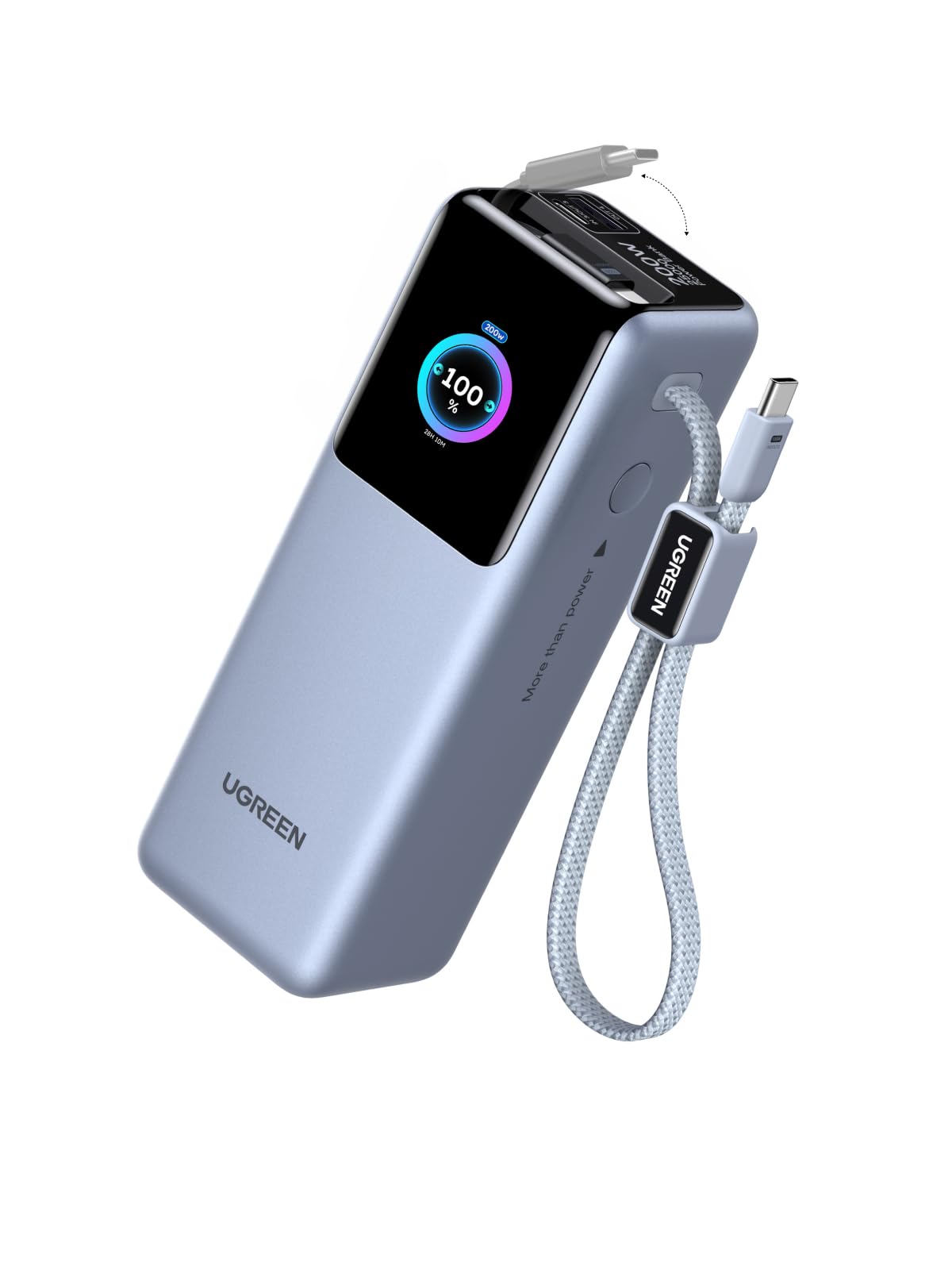 UGREEN Nexode Pro Powerbank 25000mAh 200W z 2 wbud. USB-C-kable | 68cm zwijany kabel, 3x USB-C+1x USB-A, wyświetlacz TFT, do podróży/biura, kompatybilny z MacBook, iPhone