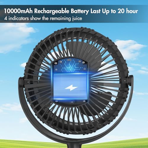 Image of 10000mAh Portable Fan with Clip, Rechargeable Clip On Fan with Light & Hook, 3 Strong Airflow & Timer, Battery Powered, Clamp On Desk Fan for Travel Outside Camping Sleep Bedroom Office RV Hurricane