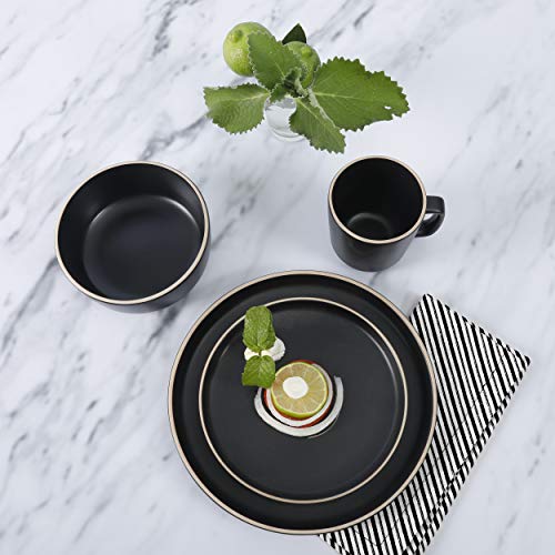 Image of Gibson Home Zuma 16 Piece Round Kitchen Dinnerware Set, Dishes, Plates, Bowls, Mugs, Service for 4, Matte Stoneware, Black