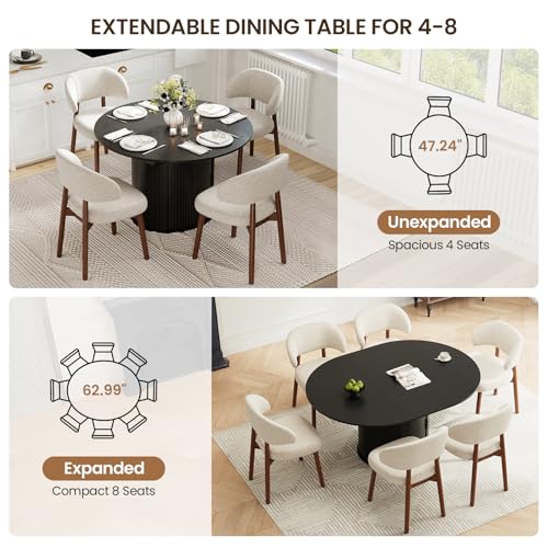 Image of MALOL 47 inch-63 inch Extendable Round to Oval Dining Room Table Chairs Set for 4-8, Modern Wooden Kitchen Table and Chairs with Hidden Storage and Fluted Design for Dining Room /Small Space(Black and Beige)