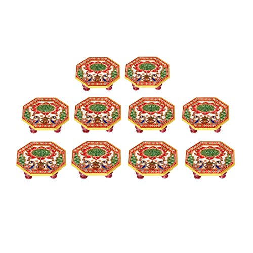 Handicrafts Paradise Marble Ocatagonal Puja Chowki Set of 10 pc Painted with Peacock Design