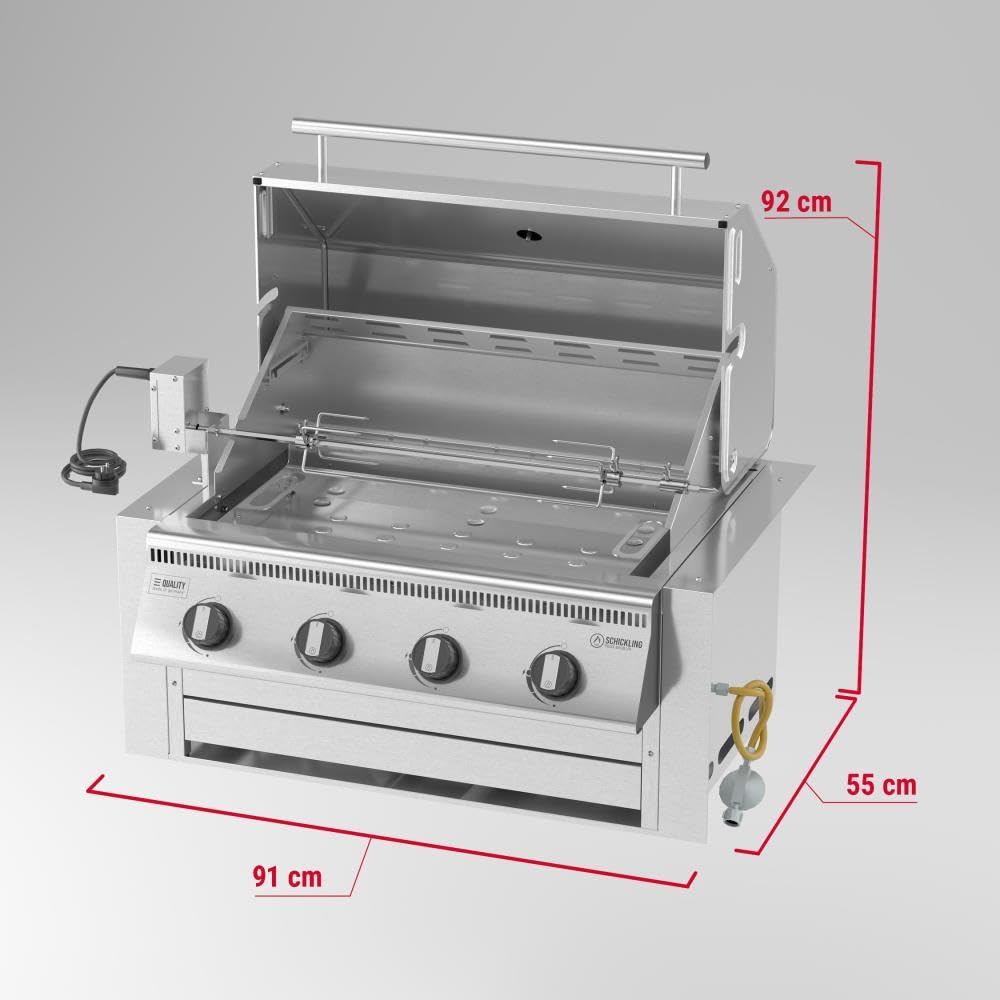 Einbau Gasgrill "Hermann XL - Pro" Edelstahl Einbaugrill mit Einfassung, Deckel und Drehspieß für Outdoor Küche Grillküche – Fettwanne mit Frontauszug – 4x5kW Brenner – Made in Germany