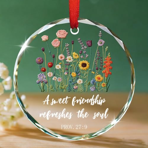 Attrape-Soleil en Verre Effet Vitrail, Décoration de Fenêtre Suspendue avec Fleurs et Citation d’Amitié, Rond Suncatcher à Suspendre Femme, Cadeau Anniversaire Noël, Jardin Balcon Salon, Déco Sapin
