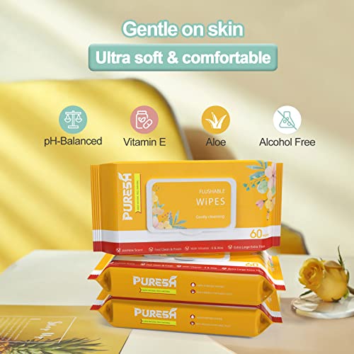Puresh Flushable Wet Wipes, Adults Women Wet Wipes Infused Vitamin E & Aloe, 5 Flip-Top Packs Total 300 Wet Wipes #TOP3