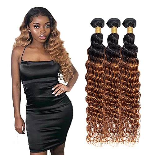 26 28 30 Inch Ombre Deep Wave Bundles 1b/30 Human Hair Bundles Brown Color 2 Tone Black and Brown Human Hair Bundles Deep Wave 3 Bundle Brazilian Virgin Human Hair Wet and Wavy Bundles