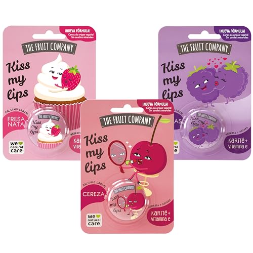 The Fruit Company - Bálsamos Labiales Kiss My Lips. Hidratan y reparan con Karité y Vit.E. Fórmula sin aceite mineral. Latas divertidas de 10 gr cada una. Pack de 3 uds.