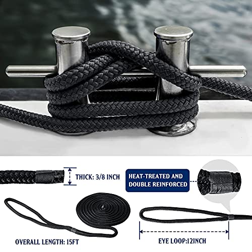 Dock Lines & Ropes Boat Accessories - 4 Pack 3/8" X 15' Double Braided Nylon Dock Lines With 12” Loop Excellent 5800 Lbs Breaking Strength Marine Rope For Kayak Pontoon Boats Up To 30Ft Boating Gifts #TOP1
