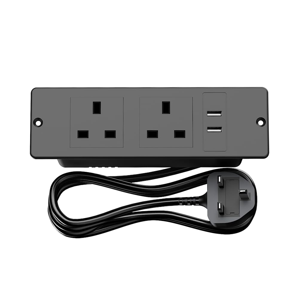 Recessed Power Strip 4-in-1 UK Plug Surge Protector Extender Multiple Outlet with 2 USB-A Ports & 2 AC Outlets, 13A 2990W Surge-Resistant with 1.5m Extension Cord for Furniture Office (Black)