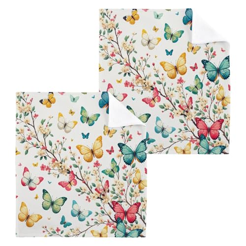 YANENDIE Bright Butterflies on Tree Washcloths Towels, Highly Absorbent and Soft Cotton Face Cloths, 2 Pack Quick Dry Wash Cloths - 12 X 12 Inches