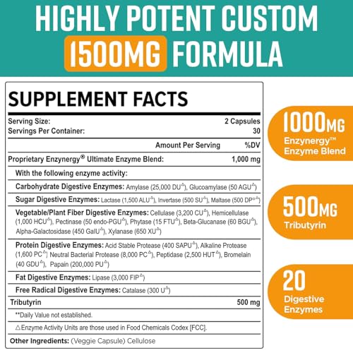 Orgabay Digestive Enzymes 1000mg with Postbiotics, 20 Enzyme Blend for Bloating, Optimal Digestion and Gut Function, 60 Veggie Capsules