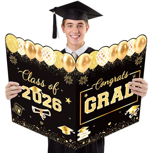 Jumbo Graduation Card Guest Book with Envelope, Class of 2026 Big Folded Congrats Grad Signature Card for Graduation Party Decorations, Large Greeting Card for High School College Graduates Black Gold