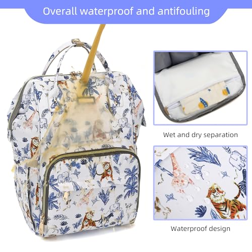 Image of Diaper Bag Backpack, Diaper Bags for Baby Girls Boys, Baby Bags for Moms Dads, Nappy Changing Bag with Insulated Pockets,Multi-functional Waterproof Backpack with Stroller straps-Animal World White