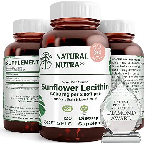 Natural Nutra Sunflower Lecithin Supplement 2000 mg, Improve Liver Function, Memory Booster, Non-GMO, Gluten Free, 120 Softgels