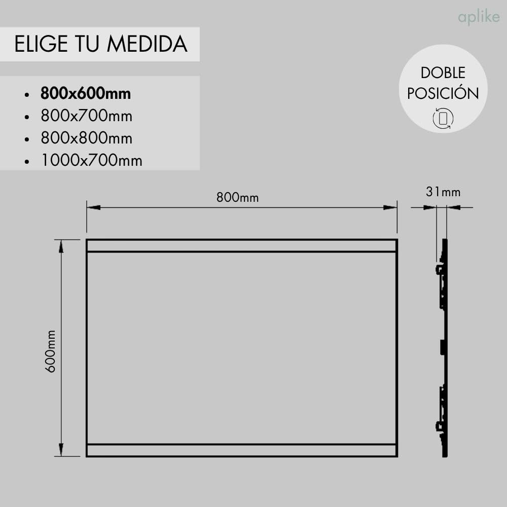Aplike - Espejo de Baño Rectangular con 2 Tiras de Luz LED - 2 Posiciones (Horizontal y Vertical) - Luz Blanca Fría (5700K) - 80 x 60cm | Modelo Praga