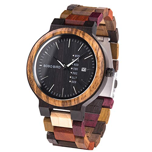 GUANKE Men Wooden Watches Colorful Bamboo Watches Week & Date Display Quartz Couples Watches Handmade Casual Multifunction Wood Wristwatch for Men Christmas Gifts