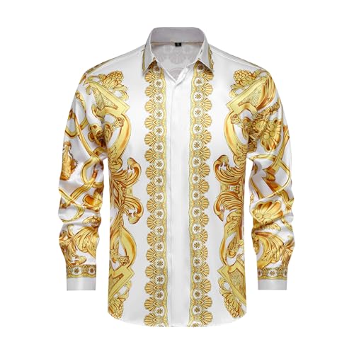 Mens Luxury Brand Printed Silk Like Satin Button Down Dress