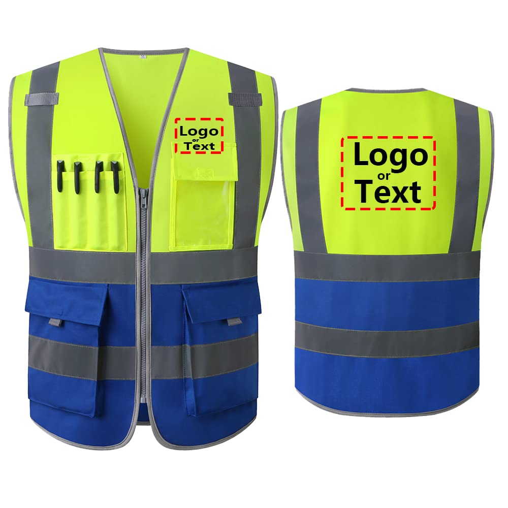 Safety Vest With Logo Printing Reflective Vest Custom Logo and Text High Visibility Safety Clothing WorkwearWith Pockets (X-Large, Yellow Blue)