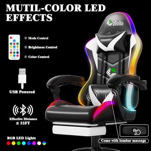 Image of Czlolo Gaming Chair, Racing Style RGB LED Lights Gaming Chairs for Adults and Kids, Lumbar Massager Gamer Chair, High Back Reclining Computer Chair with Footrest and Headrest (Black /White)