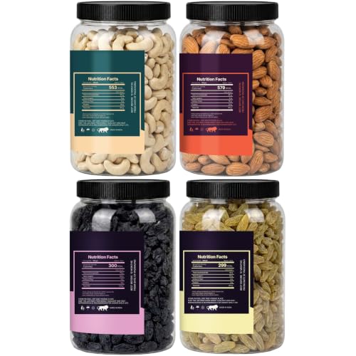 Image of LILA DRY FRUITS Mixed Dry Fruits Combo Pack Almonds Cashew Green and Black Raisin 250 Gms x 4