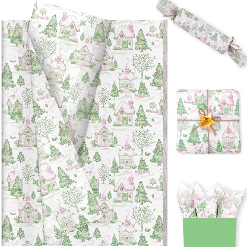 100 Sheets Pink Xmas Toile Tissue Paper, 20 x 14in Coquette Bows and Preppy House Tissue Paper for Christmas Gift Wrapping DIY Craft Winter Holidays Gift Bag Fillers
