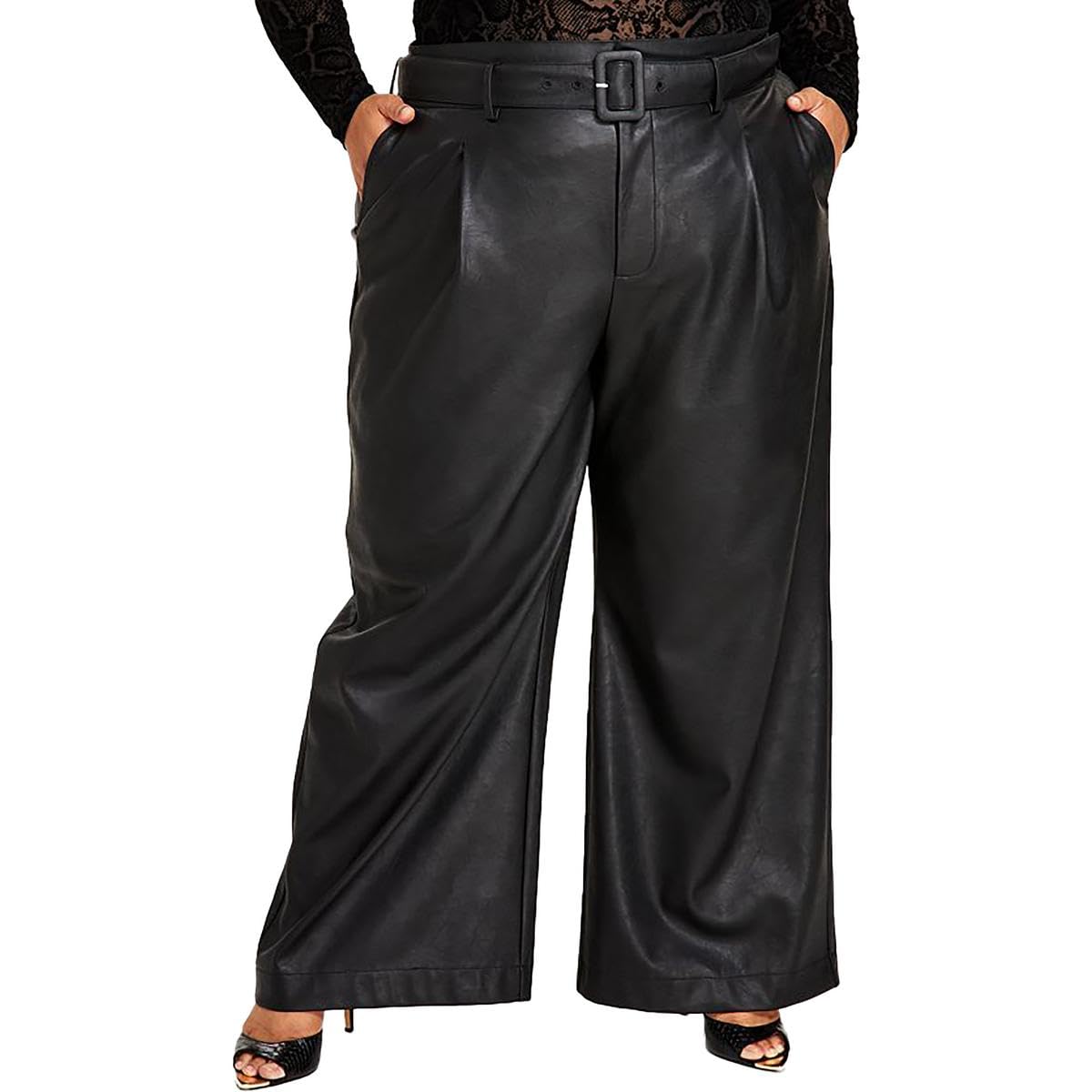 Nina Parker Womens Plus Faux Leather Belted Wide Leg Pants Black 20W