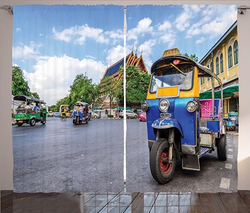 Lunarable Thai Curtains, Bangkok City Tourism Colorful Tuk Tuk Transportation Busy Roads Clear Sky Cityscape, Living Room Bedroom Window Drapes 2 Panel Set, 108