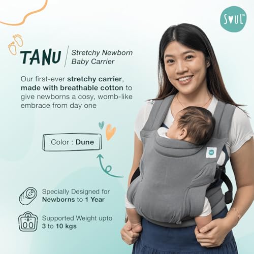 Image of Soulslings Tanu Baby Carrier Dune | Stretchy Baby Carrier for New Born & 0 to 1 Year Baby | Soft Cotton Belt with Ergonomic M Position | Adjustable Infant Carrier with Front & Hip Carry (3-10 Kgs)
