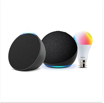 Echo Dot (5th Gen, Black) and Echo Pop (Black) combo with Wipro 9W LED Smart Bulb