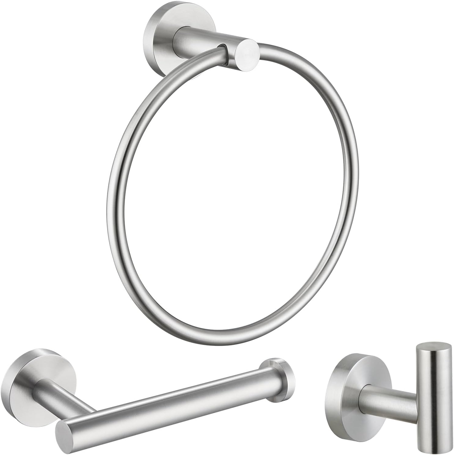 Angle Simple Towel Hook Bundle with Toilet Paper Holder, Round Towel Ring (Brushed Nickel)
