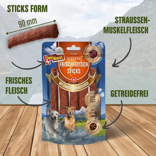 DeliBest Frischfleisch Straussen Sticks I Straussenfleisch für Hunde I Hundeleckerli getreidefrei I natürlicher Hunde Zahnsteinentferner I Hundezahnpflege Snack, 7 Stück (1er Pack)