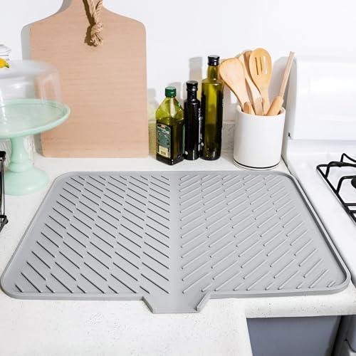 Image of HomeEssentials Silicone Dish Drying Mat for Kitchen - Built-in Drain Lip | Hygienic Drying Pad - Sturdy Compact Easy to Clean Tray Protects Surfaces Prevents Water Build Up - 23 X 17 Inches (Grey)