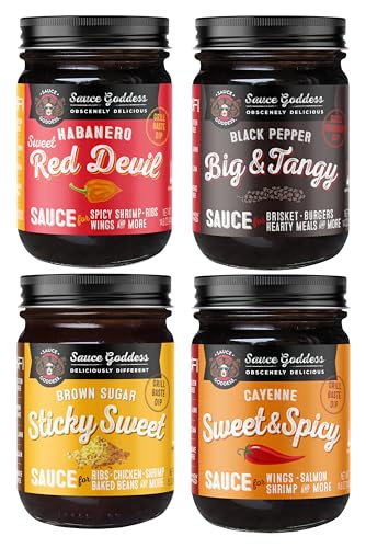 Sauce Goddess - 4 Sauce Sampler Gift Set - Sticky Sweet, Sweet & Spicy, Big & Tangy, Red Devil, Gluten-Free BBQ Sauces for Grilling - 4 Jars