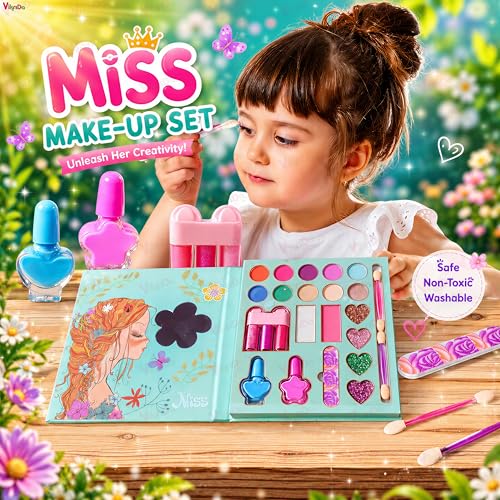Image of VikriDA Kids Makeup Kit for Girls, Washable Pretend Play Makeup Set with Folding Cosmetic Case, Safe Non-Toxic Children Beauty Toy