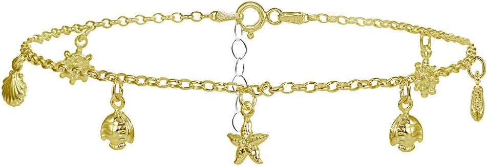Hoops & Loops 925 Sterling Silver Rolo Chain Dangling Starfish Shell Turtle Charm Ankle Bracelet for Women Men Teen Girls, 9 Inch + 1" Extender Boho Cute Summer Beach Anklet Foot Jewelry Yellow Gold