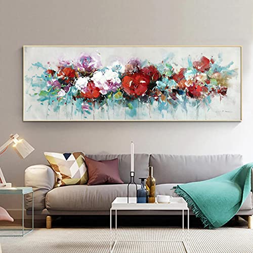 Peinture abstraite bleue KEBIA toile fleurs 60x180 cm art mural