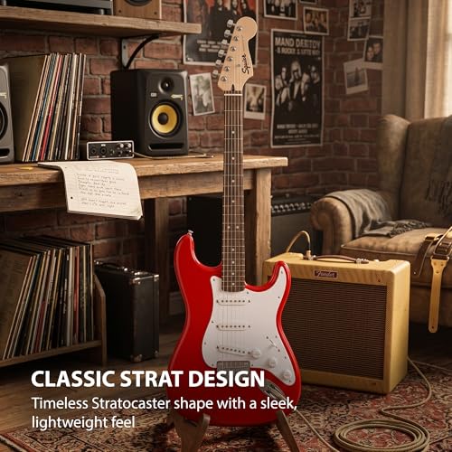 Image of Fender Squier Sonic Stratocaster HT - Torino Red Bundle with Mustang Micro Headphone Amp, Cable, Tuner, Strap, Picks, and Austin Bazaar Instructional DVD