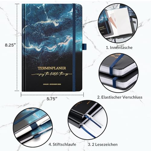 kalender 2026 - Terminplaner 2026 von Januar 2026 bis Dezember 2026, Kalender 2026 Buchkalender, Wochenplaner 2026 mit Innentasche, Elastischer Verschluss, 21.3 x 14.7cm
