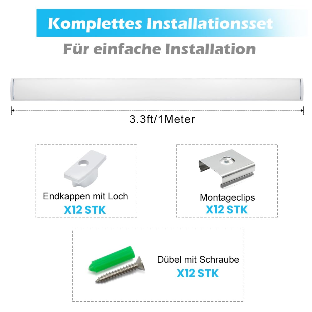 LightingWill Profilé LED Aluminium en U 6 x 1 m Argent, Diffuseur Fumé, Kit avec Embouts et Clips, Rail pour Ruban LED, Dissipateur de Chaleur, Installation LED