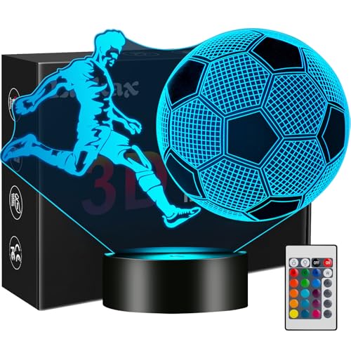 Football Enfants Veilleuse, Cadeau Garçons Lampe Illusion 3D Ballon de Foot LED Lumière, 16 Couleurs Changeantes Dimmable, Cadeau d’anniversaire pour Fan...
