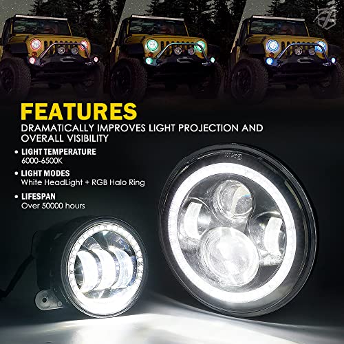 Xprite 7 Inch Round Halo Headlights & 4 Inch Fog Lights Combo, Decorative Lighting Styles, Headlights Compatible with 2007-2018 Jeep Wrangler JK JKU, DOT Approved - Image 3