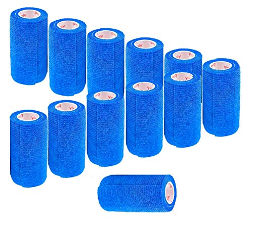 Image of 4 Inch Vet Wrap Tape Bulk (Blue) (Pack of 12) Self Adhesive Adherent Adhering Flex Bandage Grip Roll for Dog Cat Pet Horse