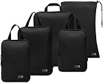 Compression Packing Cubes Travel Organizers plus Laundry or Shoe Bag with YKK Zippers (Black, 4 Piece)