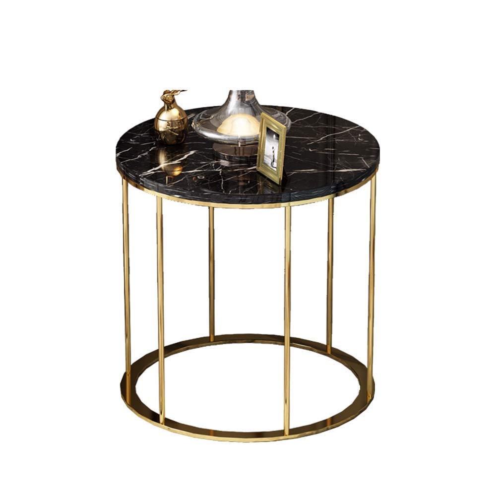 Table basse ronde bout de canapé en marbre noir et métal doré de salon