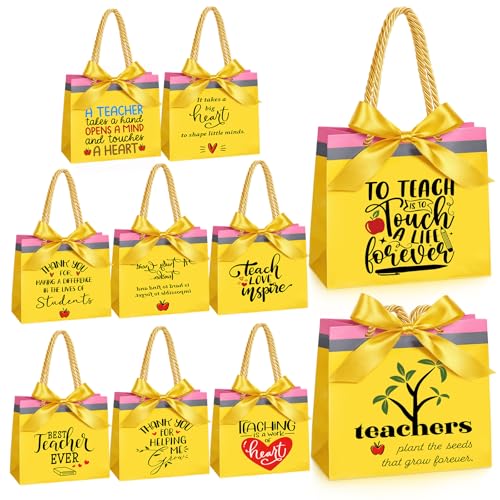 Kolldenn 10 Packs Teacher Appreciation Gift Bags 10 Styles Thank You Gift Bag with Handle Ribbon Bow for Back to School Teacher Favor Bags