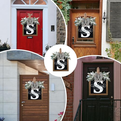 2024 New Last Name Year Round Front Door Wreath with 26 Initial Letter Welcome Sign, Eucalyptus Garland, and Bow | Spring Wreaths for Front Door Decor | Outdoor Hanger Garland (S)