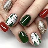 Short Square Christmas Press on Nails Christmas Tree Colored Ball Glue on Nails with Glitters Glossy Finish Green & Red Christmas Acrylic False Nails Cute Stick on Nails for Women Nail Art Decoration