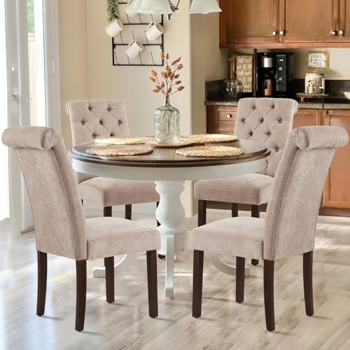 Tufted Dining Chairs Set of 2, Upholstered Parsons Dining Room Chairs, Fabric Kitchen Side Chair with Wood Legs, Taupe